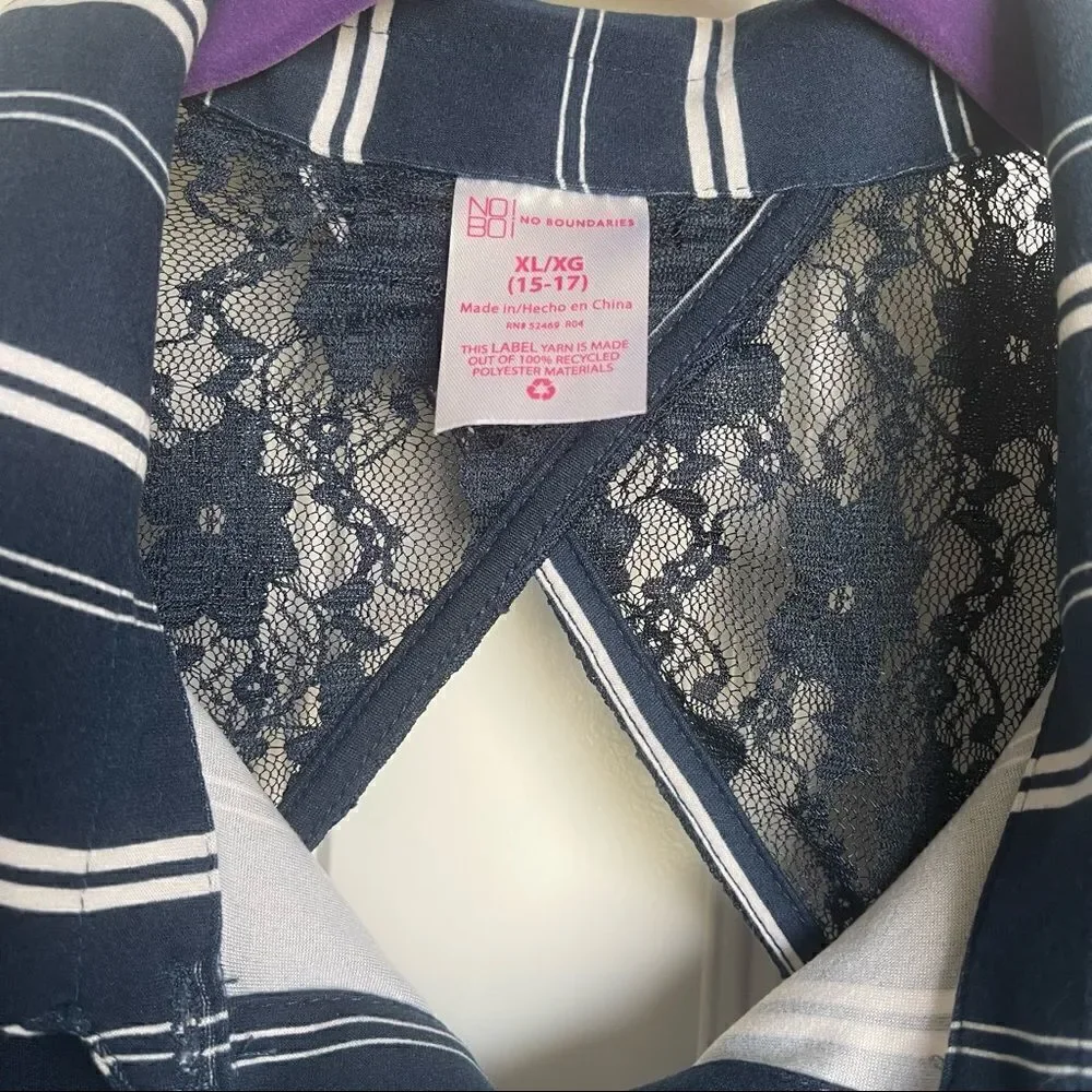 No Boundaries Juniors' Blue Striped Lace Back Romper; SZ XL (15-17); BNWT